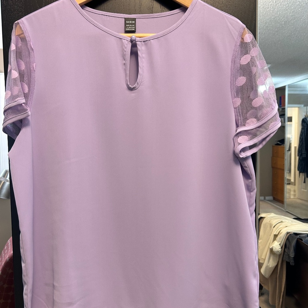 Lilac Top with Mesh Polka Dot Sleeves & Pearl Closure – Size Large
